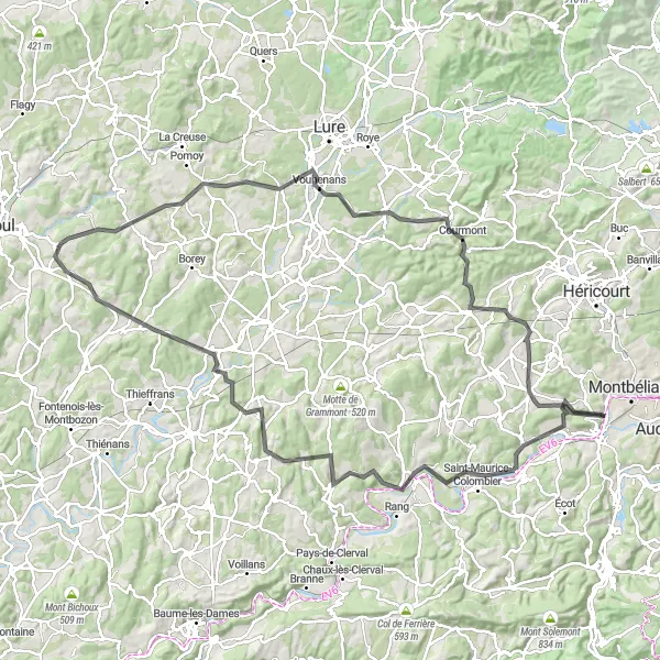 Map miniature of "Doubs Valley" cycling inspiration in Franche-Comté, France. Generated by Tarmacs.app cycling route planner