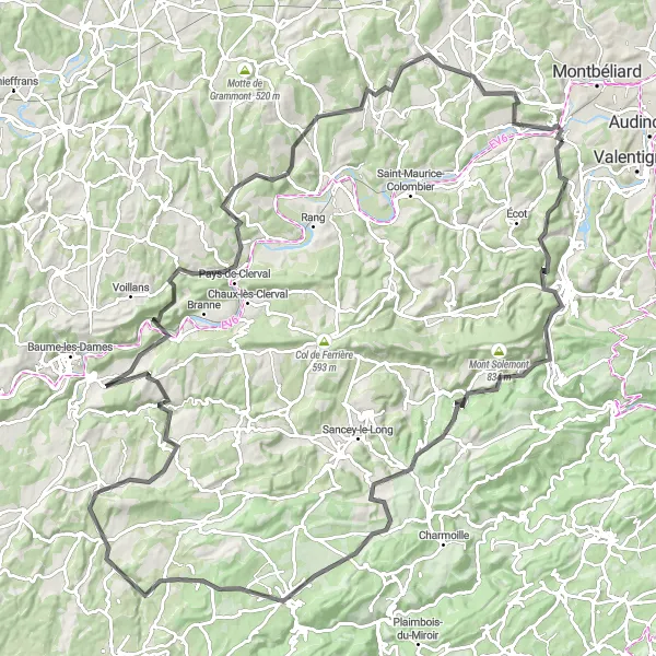 Miniature de la carte de l'inspiration cycliste "Boucle autour de Voujeaucourt" dans la Franche-Comté, France. Générée par le planificateur d'itinéraire cycliste Tarmacs.app