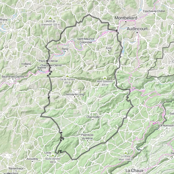 Miniature de la carte de l'inspiration cycliste "Parcours sportif autour de Voujeaucourt" dans la Franche-Comté, France. Générée par le planificateur d'itinéraire cycliste Tarmacs.app
