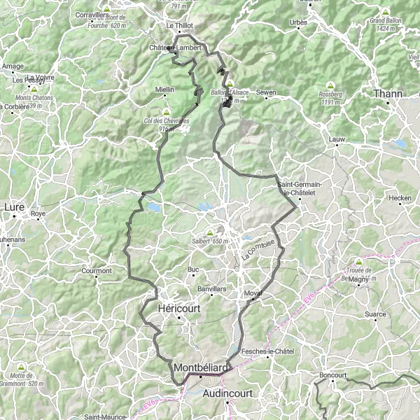 Map miniature of "Ultimate Franche-Comté Road Cycling Experience" cycling inspiration in Franche-Comté, France. Generated by Tarmacs.app cycling route planner