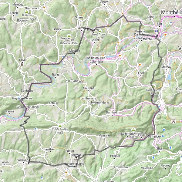 Miniature de la carte de l'inspiration cycliste "Parcours jusqu'au Mont Pourron" dans la Franche-Comté, France. Générée par le planificateur d'itinéraire cycliste Tarmacs.app