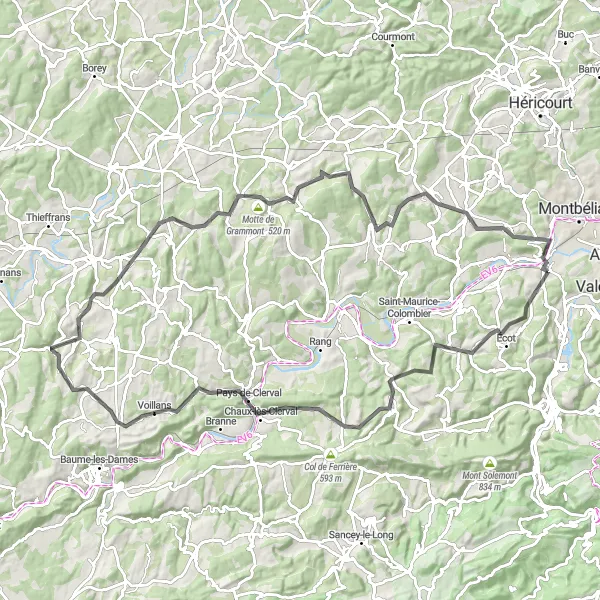 Miniature de la carte de l'inspiration cycliste "Les collines de Franche-Comté" dans la Franche-Comté, France. Générée par le planificateur d'itinéraire cycliste Tarmacs.app