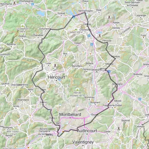 Miniature de la carte de l'inspiration cycliste "Belfort Rock Loop" dans la Franche-Comté, France. Générée par le planificateur d'itinéraire cycliste Tarmacs.app