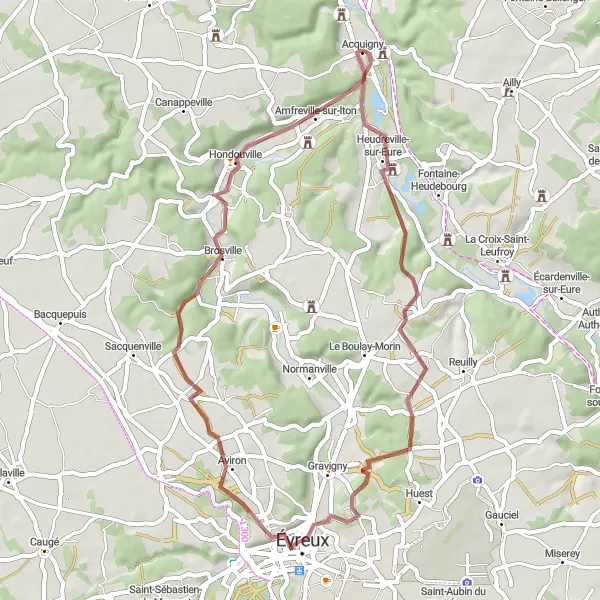 Miniature de la carte de l'inspiration cycliste "Parcours de Gravel Heudreville-sur-Eure" dans la Haute-Normandie, France. Générée par le planificateur d'itinéraire cycliste Tarmacs.app