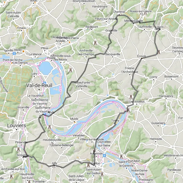 Miniature de la carte de l'inspiration cycliste "Boucle pittoresque vers Tosny" dans la Haute-Normandie, France. Générée par le planificateur d'itinéraire cycliste Tarmacs.app