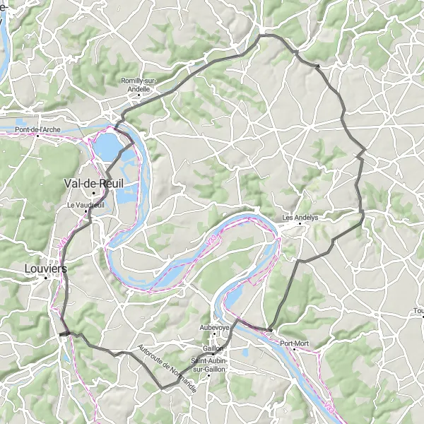 Miniature de la carte de l'inspiration cycliste "Circuit Routier vers Gaillon" dans la Haute-Normandie, France. Générée par le planificateur d'itinéraire cycliste Tarmacs.app