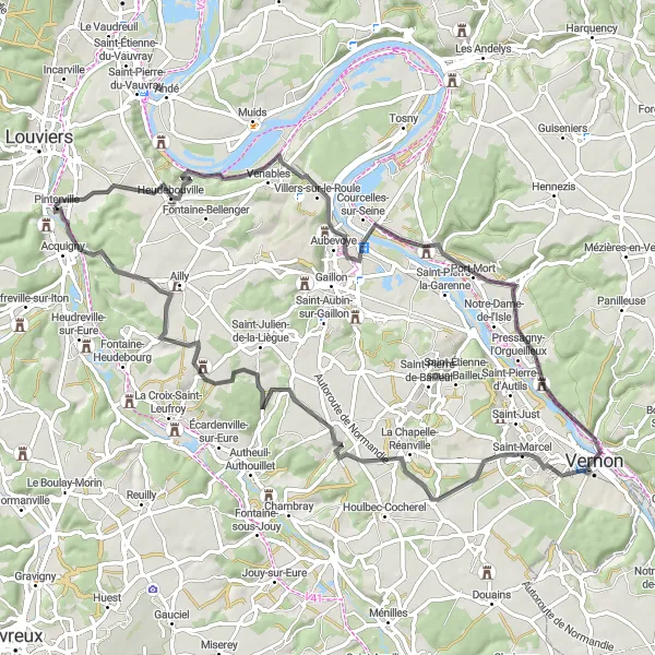 Miniature de la carte de l'inspiration cycliste "Les Châteaux de l'Eure" dans la Haute-Normandie, France. Générée par le planificateur d'itinéraire cycliste Tarmacs.app