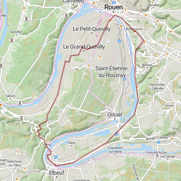 Miniature de la carte de l'inspiration cycliste "Les boucles de la Seine" dans la Haute-Normandie, France. Générée par le planificateur d'itinéraire cycliste Tarmacs.app