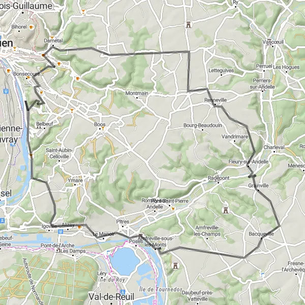 Miniature de la carte de l'inspiration cycliste "Parcours bucolique le long de la Seine" dans la Haute-Normandie, France. Générée par le planificateur d'itinéraire cycliste Tarmacs.app