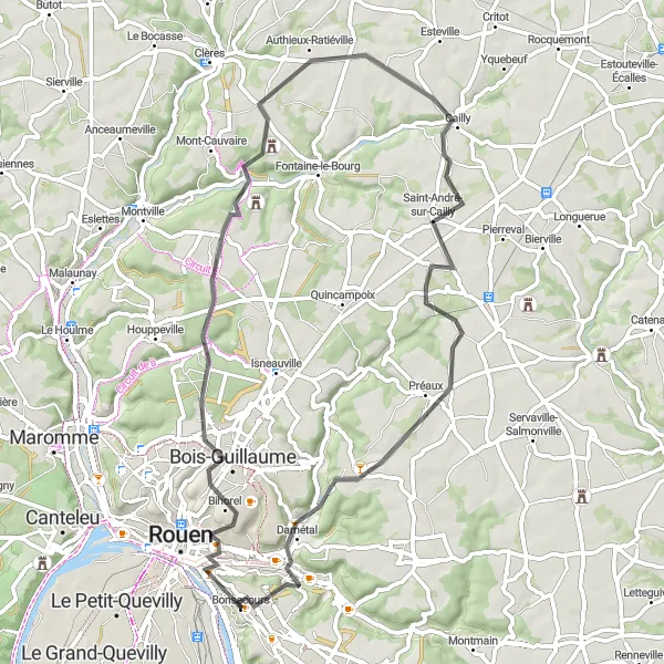 Miniature de la carte de l'inspiration cycliste "Boucle panoramique autour de Rouen" dans la Haute-Normandie, France. Générée par le planificateur d'itinéraire cycliste Tarmacs.app
