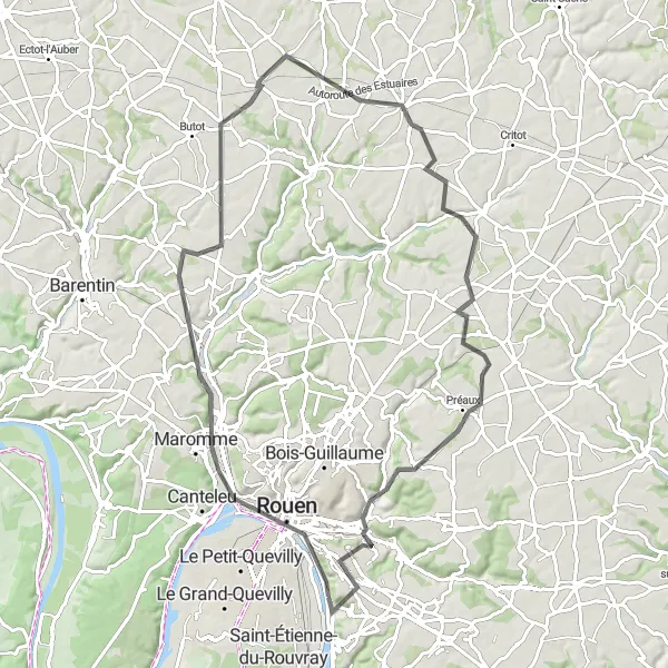 Miniature de la carte de l'inspiration cycliste "Les Collines de la Haute-Normandie" dans la Haute-Normandie, France. Générée par le planificateur d'itinéraire cycliste Tarmacs.app