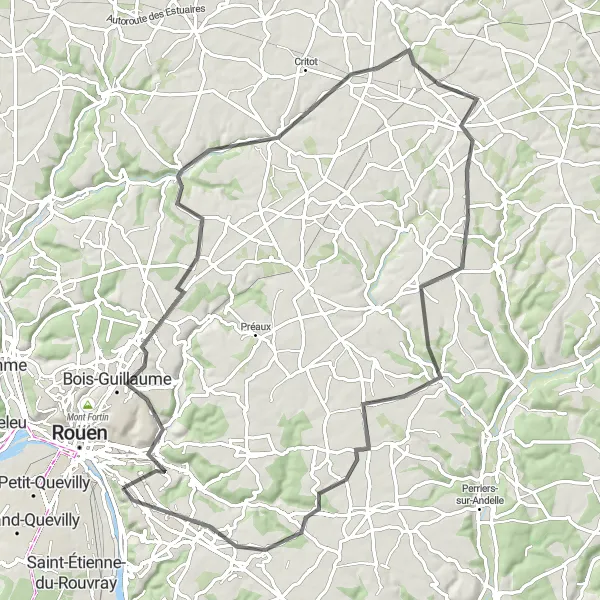 Miniature de la carte de l'inspiration cycliste "Circuit de la Vallée de la Cailly" dans la Haute-Normandie, France. Générée par le planificateur d'itinéraire cycliste Tarmacs.app