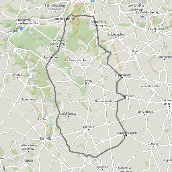 Map miniature of "Leisurely Road Ride Around Arnières-sur-Iton" cycling inspiration in Haute-Normandie, France. Generated by Tarmacs.app cycling route planner