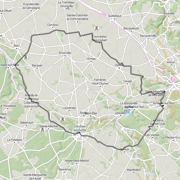 Map miniature of "Chemin des Châteaux" cycling inspiration in Haute-Normandie, France. Generated by Tarmacs.app cycling route planner