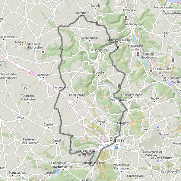 Miniature de la carte de l'inspiration cycliste "Parcours à vélo entre Arnières-sur-Iton et Gravigny" dans la Haute-Normandie, France. Générée par le planificateur d'itinéraire cycliste Tarmacs.app