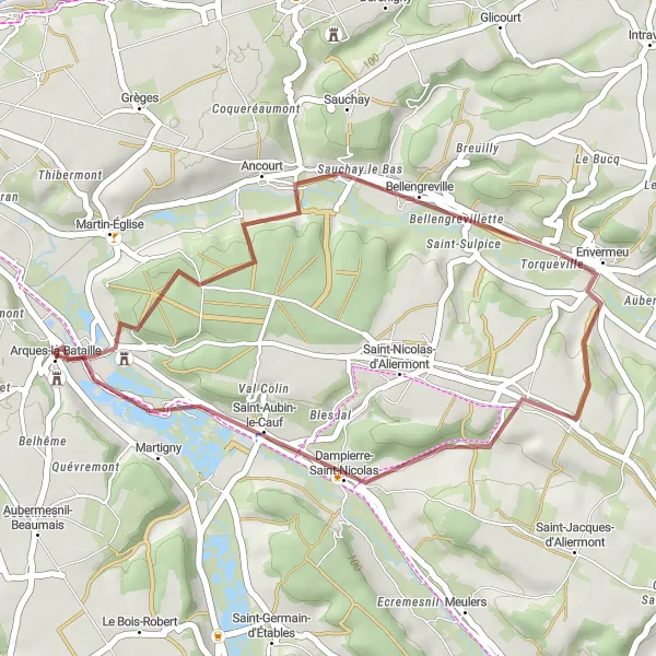 Map miniature of "Arques-la-Bataille to Saint-Aubin-le-Cauf Gravel Cycling Route" cycling inspiration in Haute-Normandie, France. Generated by Tarmacs.app cycling route planner