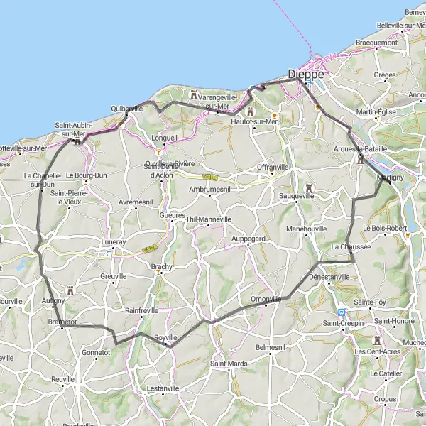 Map miniature of "Coastal Adventure: From Crosville-sur-Scie to Dieppe" cycling inspiration in Haute-Normandie, France. Generated by Tarmacs.app cycling route planner