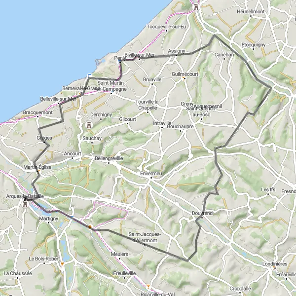 Miniature de la carte de l'inspiration cycliste "Parcours bucolique à travers le Pays de Caux" dans la Haute-Normandie, France. Générée par le planificateur d'itinéraire cycliste Tarmacs.app