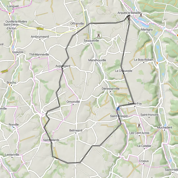 Map miniature of "Arques-la-Bataille to Aubermesnil-Beaumais Road Cycling Route" cycling inspiration in Haute-Normandie, France. Generated by Tarmacs.app cycling route planner