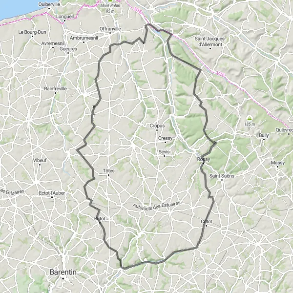 Map miniature of "Arques-la-Bataille to Aubermesnil-Beaumais Road Cycling Route" cycling inspiration in Haute-Normandie, France. Generated by Tarmacs.app cycling route planner