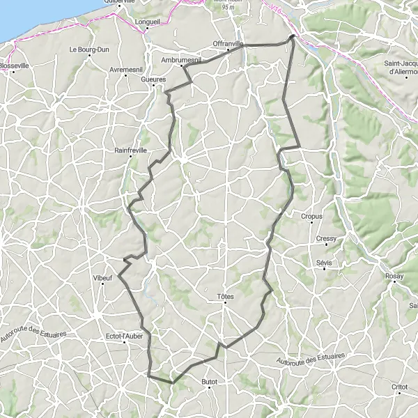 Miniature de la carte de l'inspiration cycliste "Route des Vallées Normandes" dans la Haute-Normandie, France. Générée par le planificateur d'itinéraire cycliste Tarmacs.app