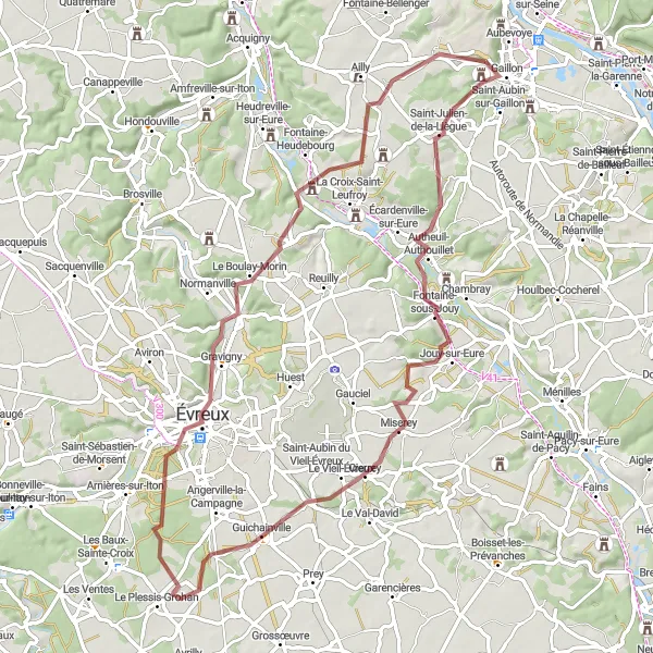 Miniature de la carte de l'inspiration cycliste "Aventure gravel de Aubevoye à Évreux" dans la Haute-Normandie, France. Générée par le planificateur d'itinéraire cycliste Tarmacs.app