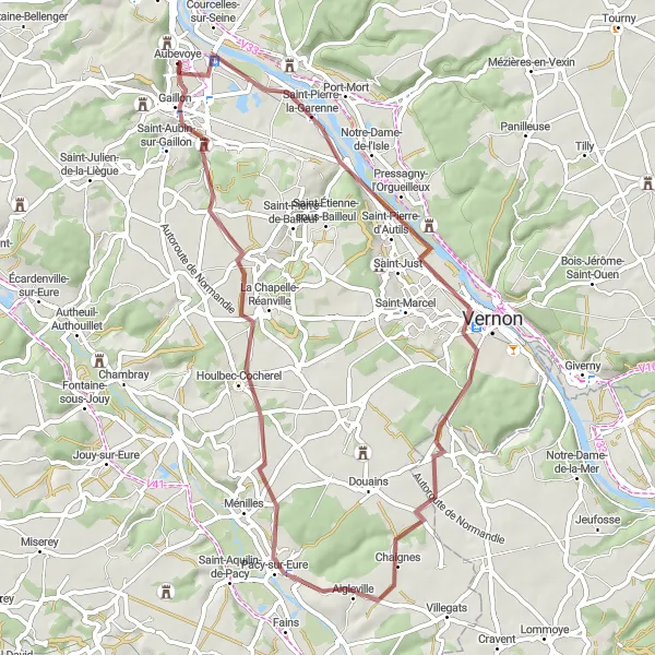 Miniature de la carte de l'inspiration cycliste "Les Chemins de l'Andelle" dans la Haute-Normandie, France. Générée par le planificateur d'itinéraire cycliste Tarmacs.app