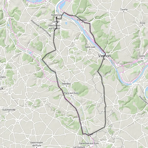 Miniature de la carte de l'inspiration cycliste "Aventure cycliste entre Aubevoye et Gaillon" dans la Haute-Normandie, France. Générée par le planificateur d'itinéraire cycliste Tarmacs.app