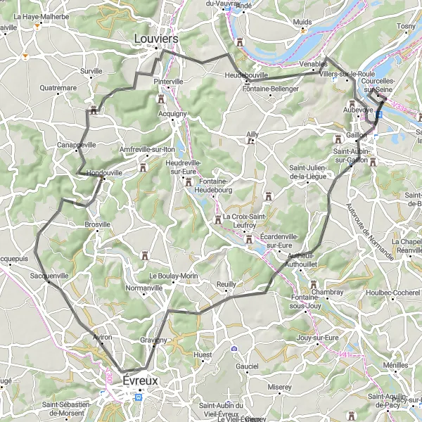 Miniature de la carte de l'inspiration cycliste "Les Collines de l'Eure" dans la Haute-Normandie, France. Générée par le planificateur d'itinéraire cycliste Tarmacs.app