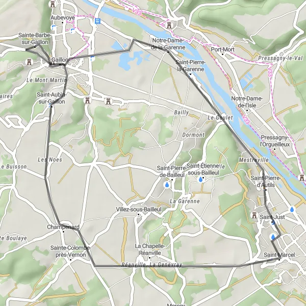 Miniature de la carte de l'inspiration cycliste "Boucle pittoresque autour de Aubevoye" dans la Haute-Normandie, France. Générée par le planificateur d'itinéraire cycliste Tarmacs.app