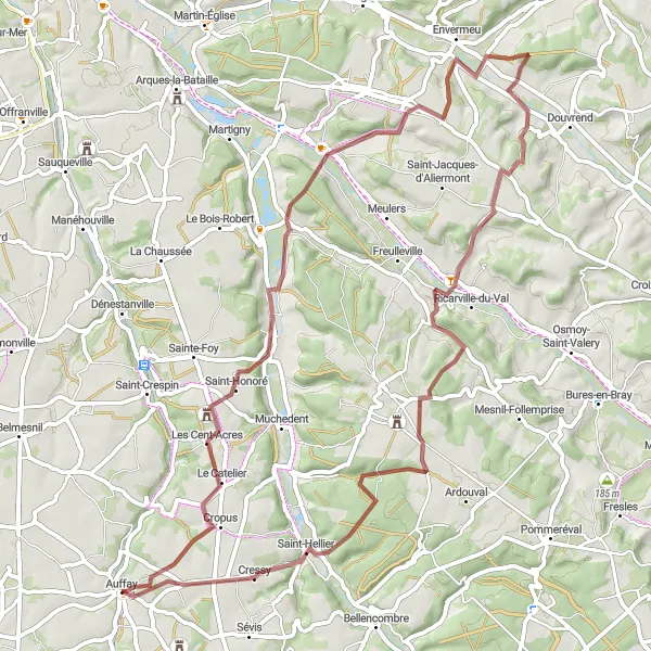 Map miniature of "Gravel Expedition: Les Cent-Acres to Hameau de la Corbière" cycling inspiration in Haute-Normandie, France. Generated by Tarmacs.app cycling route planner