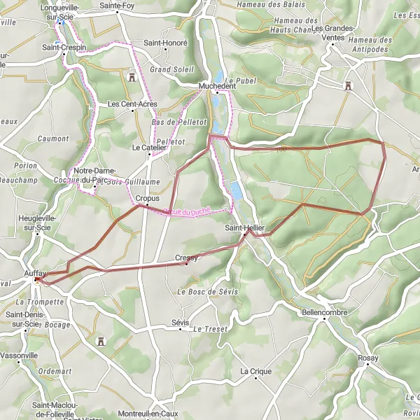 Map miniature of "Gravel Route from Auffay to Cropus" cycling inspiration in Haute-Normandie, France. Generated by Tarmacs.app cycling route planner