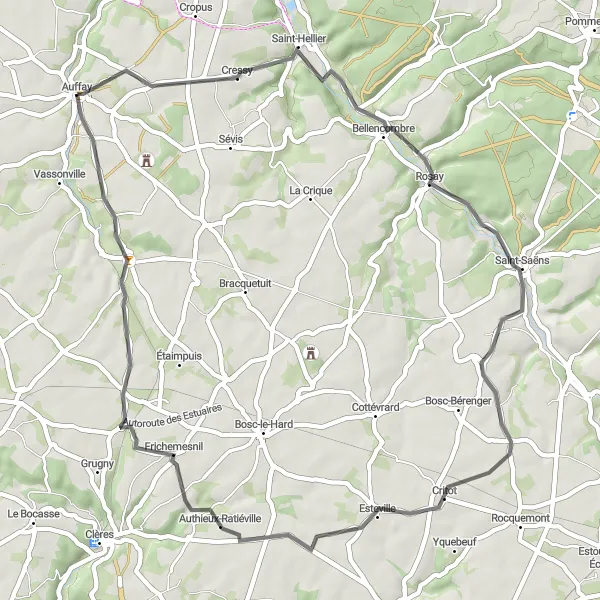 Map miniature of "Road Cycling: Saint-Hellier Loop" cycling inspiration in Haute-Normandie, France. Generated by Tarmacs.app cycling route planner