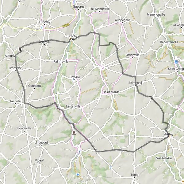 Map miniature of "The Valley Discovery" cycling inspiration in Haute-Normandie, France. Generated by Tarmacs.app cycling route planner