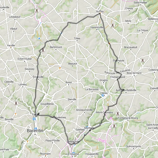 Map miniature of "Road Adventure: Saint-Victor-l'Abbaye to Château d'Esneval" cycling inspiration in Haute-Normandie, France. Generated by Tarmacs.app cycling route planner