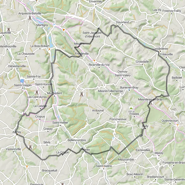 Map miniature of "The Bray Hills Loop" cycling inspiration in Haute-Normandie, France. Generated by Tarmacs.app cycling route planner