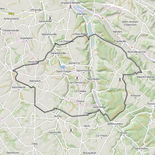 Map miniature of "The Coastal Delight" cycling inspiration in Haute-Normandie, France. Generated by Tarmacs.app cycling route planner