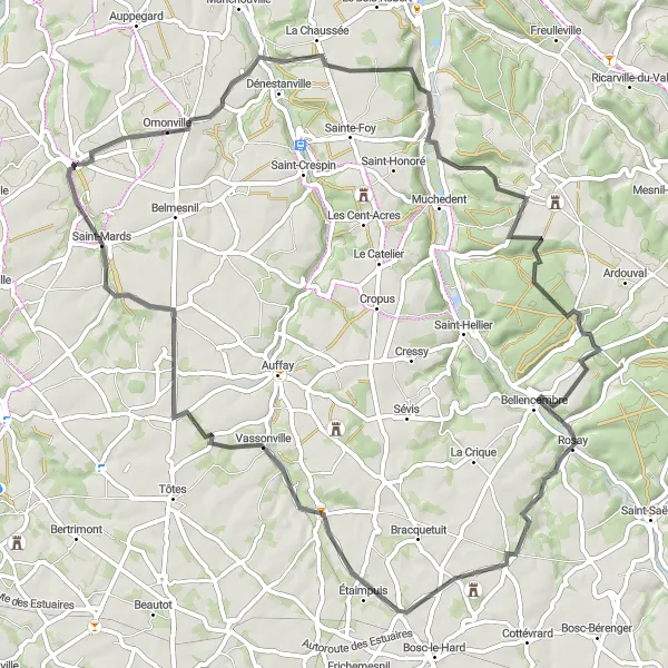 Map miniature of "Discovering the Charming Villages of Haute-Normandie" cycling inspiration in Haute-Normandie, France. Generated by Tarmacs.app cycling route planner