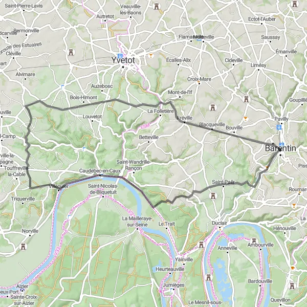 Map miniature of "Caudebec-en-Caux Loop" cycling inspiration in Haute-Normandie, France. Generated by Tarmacs.app cycling route planner