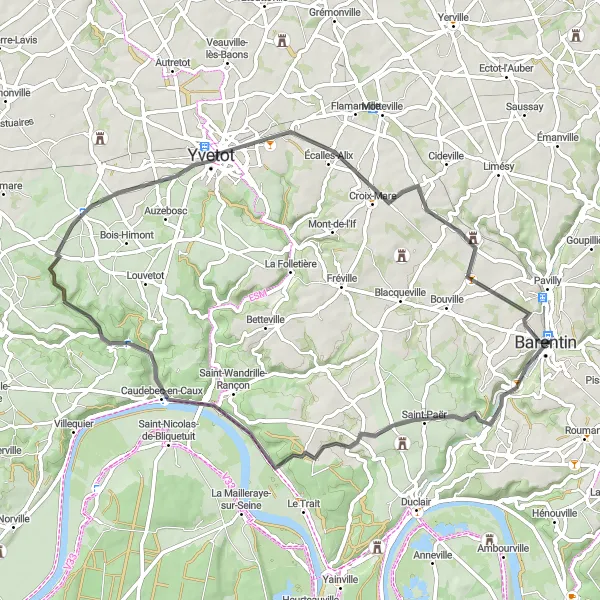 Miniature de la carte de l'inspiration cycliste "Les Boucles de la Seine" dans la Haute-Normandie, France. Générée par le planificateur d'itinéraire cycliste Tarmacs.app