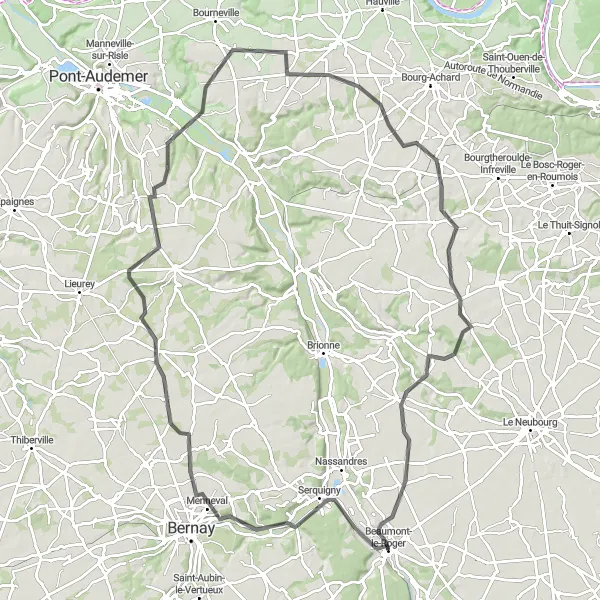 Map miniature of "Beaumontel Loop" cycling inspiration in Haute-Normandie, France. Generated by Tarmacs.app cycling route planner