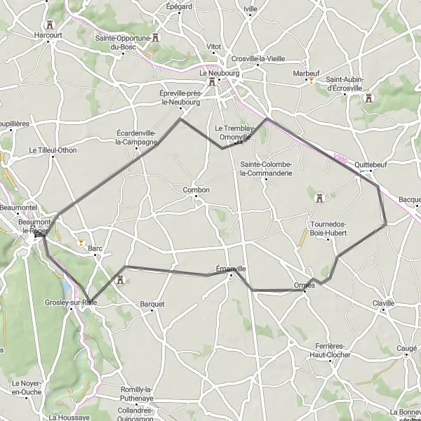 Map miniature of "Neubourg Excursion" cycling inspiration in Haute-Normandie, France. Generated by Tarmacs.app cycling route planner