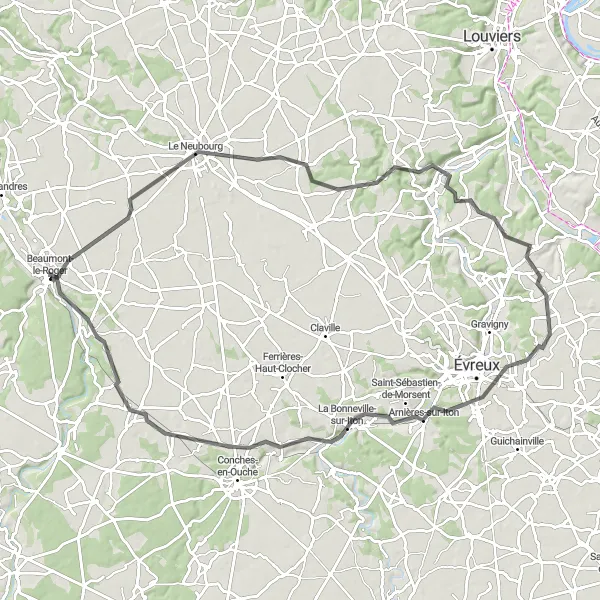 Map miniature of "Arnières-sur-Iton Challenge" cycling inspiration in Haute-Normandie, France. Generated by Tarmacs.app cycling route planner