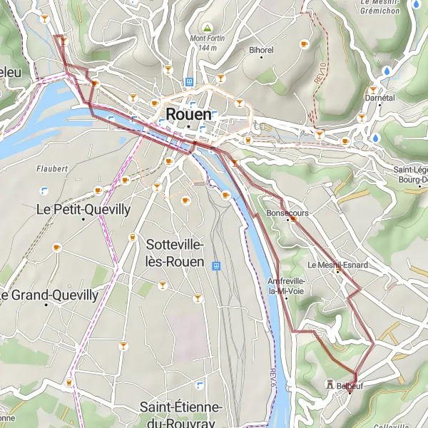 Map miniature of "The Gravel Path through Belbeuf" cycling inspiration in Haute-Normandie, France. Generated by Tarmacs.app cycling route planner