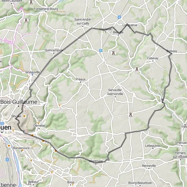 Miniature de la carte de l'inspiration cycliste "Circuit de Bihorel à Saint-Aubin-Épinay" dans la Haute-Normandie, France. Générée par le planificateur d'itinéraire cycliste Tarmacs.app