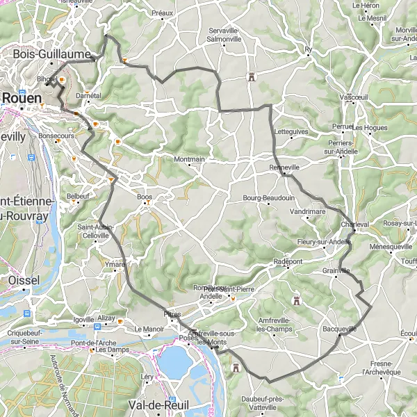 Miniature de la carte de l'inspiration cycliste "Boucle Route vers la Côte des Deux Amants" dans la Haute-Normandie, France. Générée par le planificateur d'itinéraire cycliste Tarmacs.app
