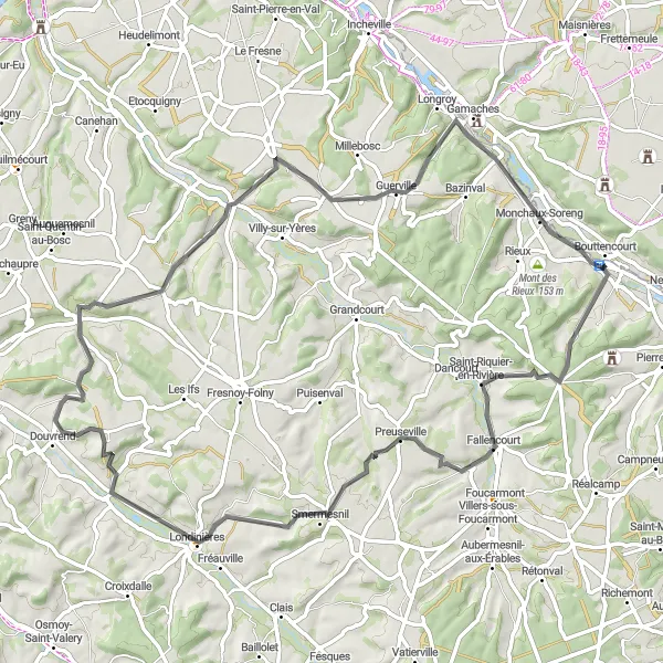 Map miniature of "The Bouttencourt Loop" cycling inspiration in Haute-Normandie, France. Generated by Tarmacs.app cycling route planner