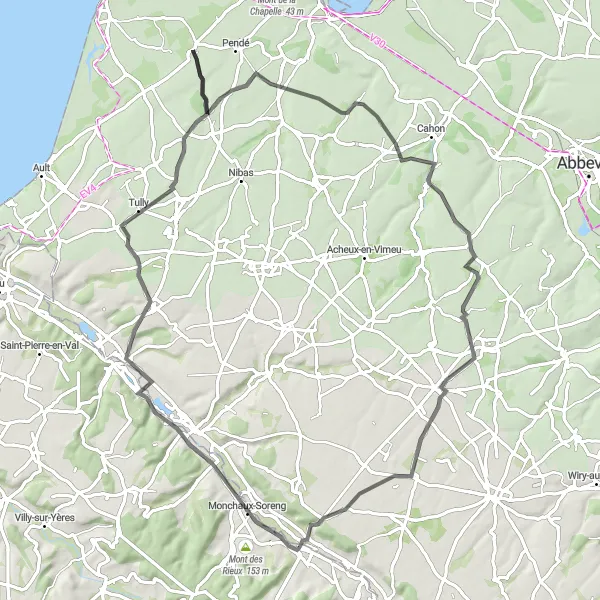 Miniature de la carte de l'inspiration cycliste "Parcours des Vallées Normandes" dans la Haute-Normandie, France. Générée par le planificateur d'itinéraire cycliste Tarmacs.app