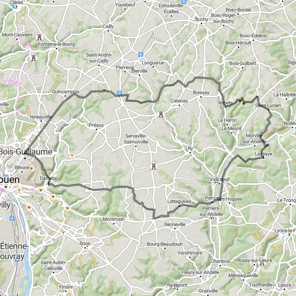 Map miniature of "Rural Delight: Quincampoix and Vascœuil Circuit" cycling inspiration in Haute-Normandie, France. Generated by Tarmacs.app cycling route planner