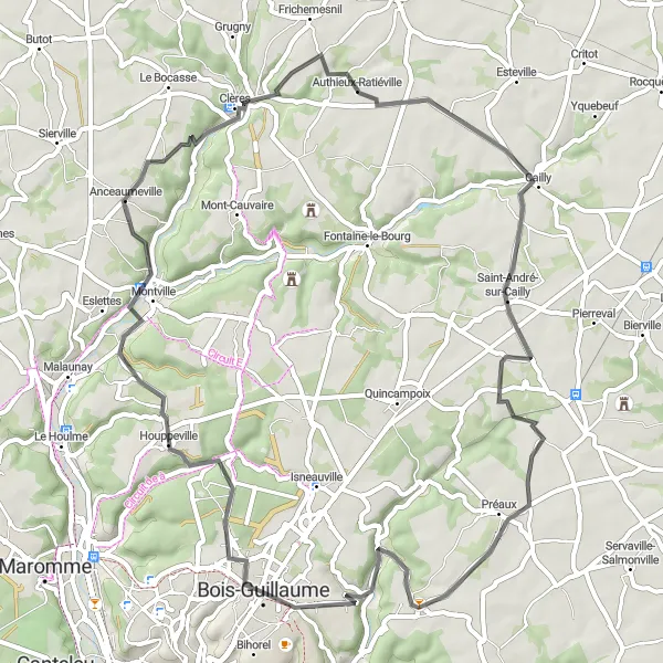 Miniature de la carte de l'inspiration cycliste "Les Coteaux de Montville" dans la Haute-Normandie, France. Générée par le planificateur d'itinéraire cycliste Tarmacs.app